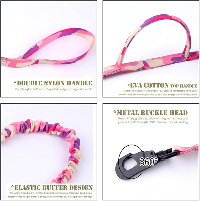 Xqpetlihai Tactical Dog Collar and Leash Set Adjustable Military Nylon Dog Collar with Control Handle and Heavy Duty Metal Buckle for Large Dogs（Pink Camo L