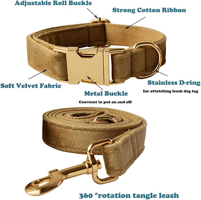 Love Dream Velvet Dog Collar and Leash Set, Soft & Comfy Adjustable Dog Leash and Collar with Heavy Duty Metal Buckle for Small Medium Large Dogs Training & Walking (Large, Khaki)