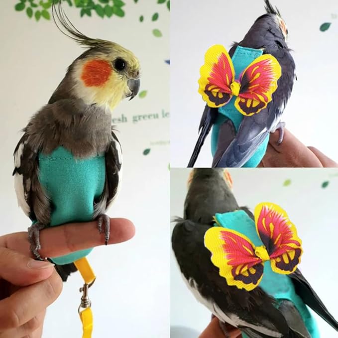 Pet Bird Diaper Harness Adjustable Parrot Harness and Leash Set Cockatiel Flight Suit with 60 Inch Leash Bow Tie Bird Flying Clothes for Conures Cockatoos Cockatiel Pigeon (Yellow, Small)