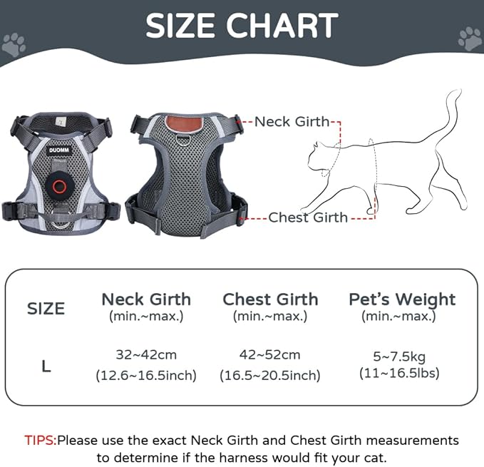 Cat Harness and Leash Set with Holder Compatible with AirTag, Upgraded Escape Proof Adjustable Vest Lead for Large Cat Small Dog Walking, Soft Breathable Mesh Jacket with Reflective Strips, Grey, L