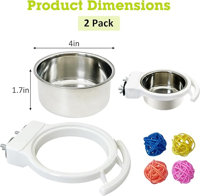 Stainless Steel Bird Bowls for Cage 2 Pcs Parrot Feeding Dish Metal Food and Water Cups Detachable Birds Cage Feeder Hanging Finch Food Plates with Perch for Parakeet Budgie Lovebird (White)