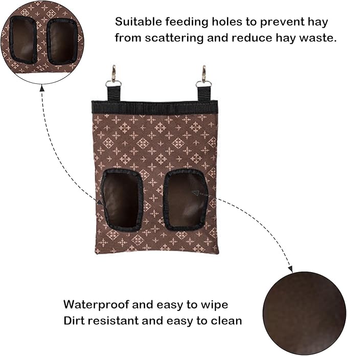 Rabbit Hay Feeder Bag, Large Capacity Rabbit Hay Bag Small Animal Hanging Hay Bag 600D Oxford Cloth Bunny Hay Feeder Bag for Rabbits Guinea Pigs Chinchillas (Brown-2 Holes-2Pcs)