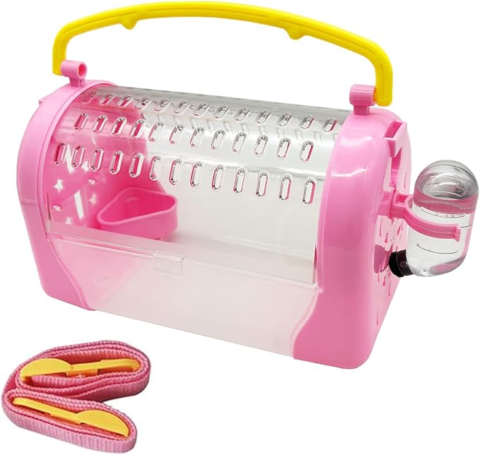 kathson Hamster Cage Travel Carrier Portable Cage with Water Bottle Outgoing Cage and Adjustable Strap Pet Cage for Small Pet Hedgehog Sugar Glider Squirrel Mice（Pink）