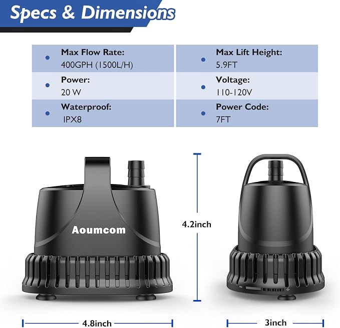 400GPH Fountain Pump, 20W Submersible Water Pump, Aquarium Pump, 1500L/H Water Pump with 7ft Power Cord for Aquarium, Water Table, Waterfall, Fish Tank, Pond, Hydroponics