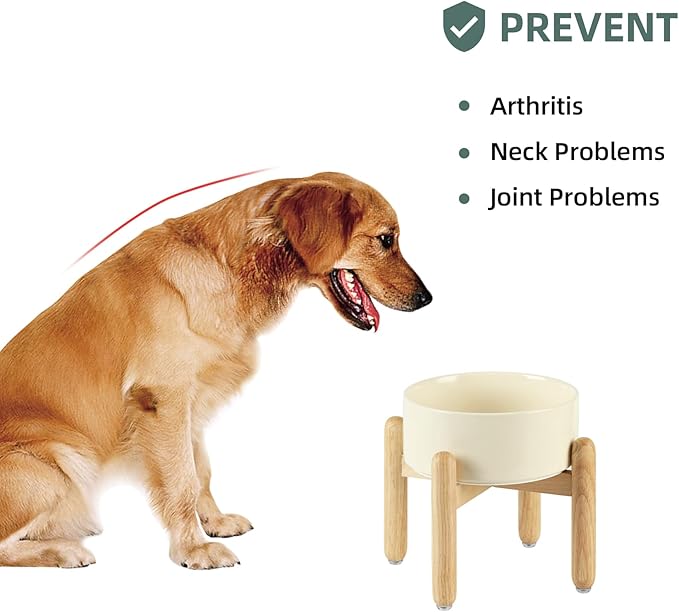 Havniva Ceramic 7.3inch Raised Dog Bowl Set, Elevated with Wooden Stand, Food and Water Bowl for Medium Breed Dogs, Weighted Dog Dishes, Pet Feeder(Light Yellow)
