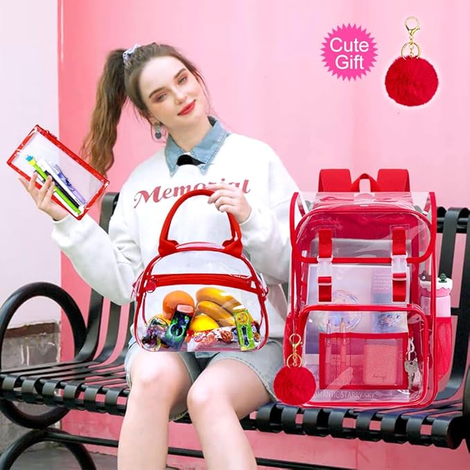 17" Flip Top Clear Backpack for Girls, 3Pcs Stadium Approved Set, Heavy Duty Transparent Bookbag for Gym/School (Red)