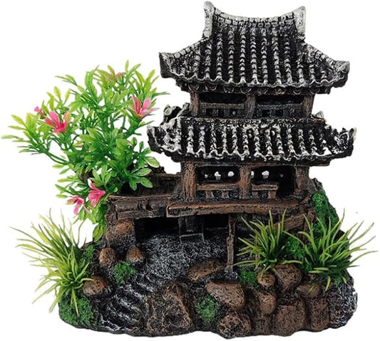 Aquarium Decoration Chinese Ancient Tower, Resin Small Fish Tank Hideout Hut Accessories, Artificial Landscape Decor Hideaway House with Tree Moss, Hollow Hideout Castle Ornament (Building)