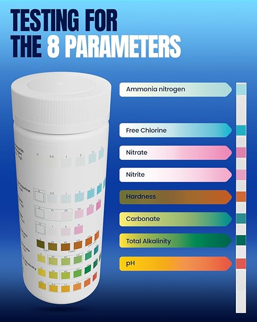 Aquarium Test Strips - 8-in-1 Aquarium Water Test Kit: Fish Tank Testing Kit for Freshwater & Saltwater, 50 Strips,Fast & Accurate Ammonia, pH, Hardness, & More， Lead Water Test Kit for Ponds