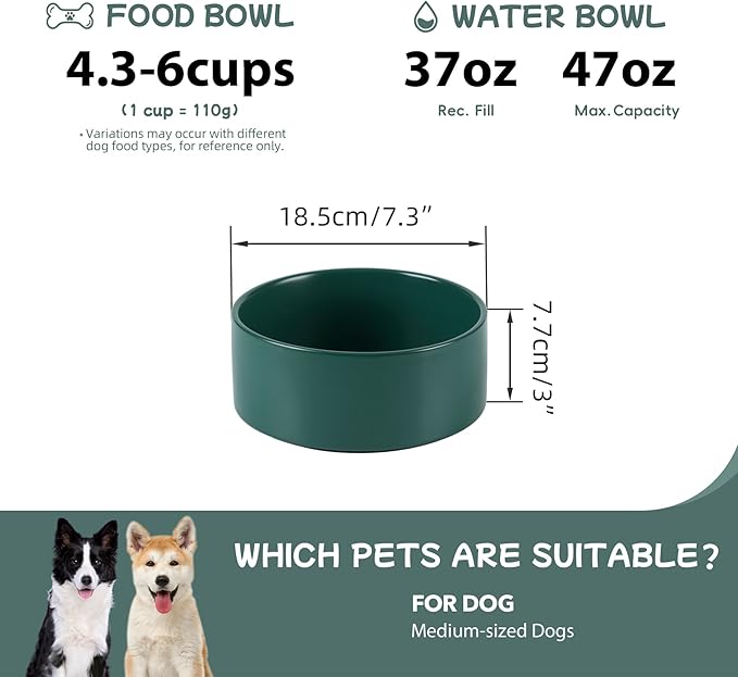Havniva 7.3” Dog Bowl Ceramic Dog Food and Water Bowl, Durable Dog Water Bowl with Non-Slip Rubber Base Large Capacity Feeding Dishes for Medium Dogs