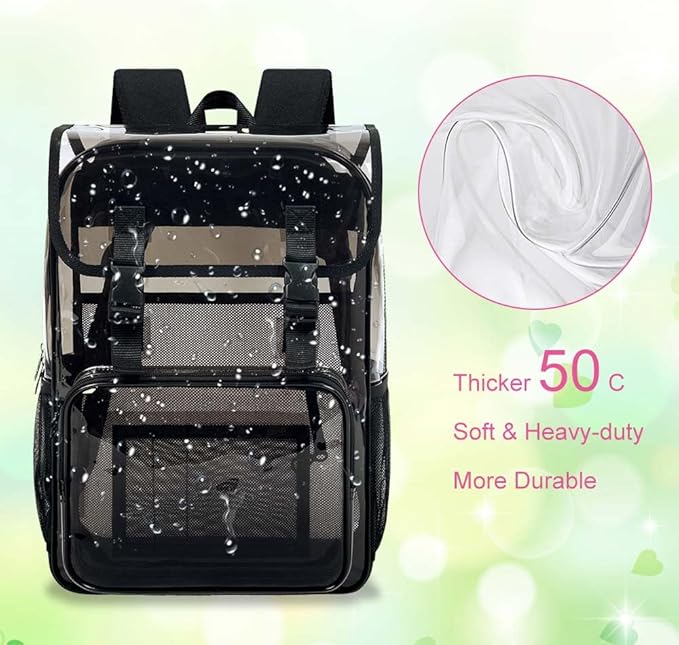 17" Flip Top Clear Backpack, Stadium Approved 3Pcs Set, Heavy Duty Transparent Bookbag for Gym/Concert (Dark Black)