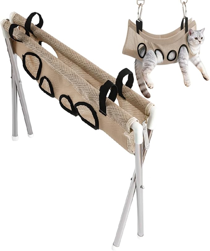 Pet Grooming Hammock – 8 Hole Hanging Cat Bath, Detachable Care Strap, Anti Scratch Bite Design | Secure Trimming Support, Easy Use for Nail Claw Ear Cleaning Grooming