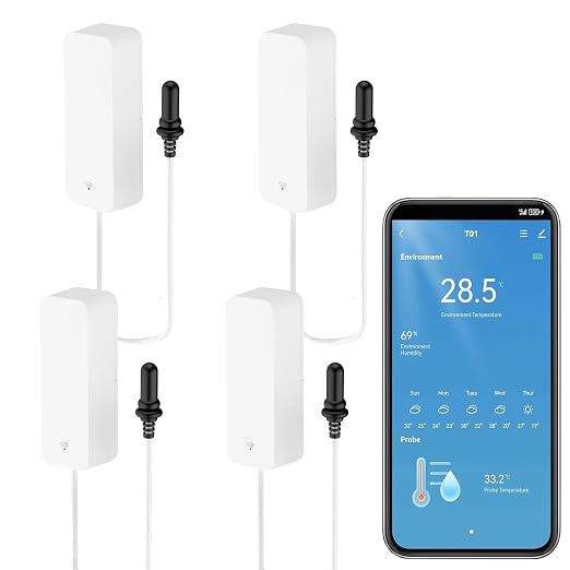 Smart Thermometer Hygrometer with Probe, WiFi Aquarium Temperature Humidity Gauge with App Remote Monitor, Indoor Refrigerator Thermometer Sensor, Data Storage&Export, Compatible with Alexa. 4PCS