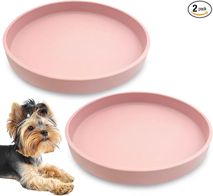 Silicone Dog Bowl Shallow Cat Food Bowls 7" Wide Puppy Plates Whisker Fatigue Pet Feeding Dishes Set of 2 for Dry Food and Wet Food Indoor (Round Pink)
