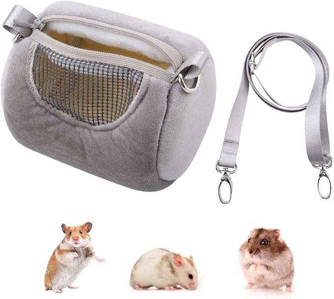 Dwarf Hamster Carrier Bag Portable Cylinder Warm Outdoor Bag with Adjustable Single Shoulder Strap (Grey)