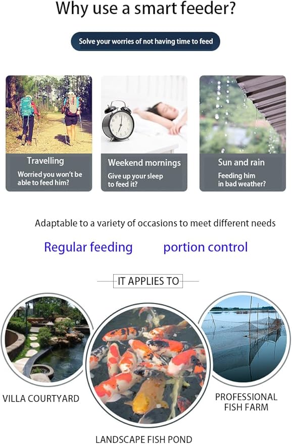 Automatic fish feeder for pond, Pond feeder, Automatic koi fish feeder for pond outdoor, Fish feeder automatic dispenser For a vacation away and prevent sunstroke(10L-battery powered)
