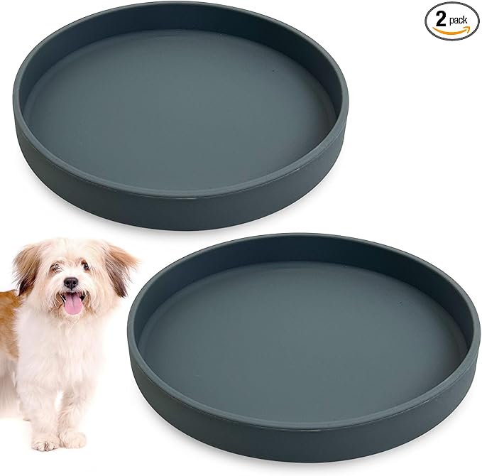 Silicone Dog Bowl Shallow Cat Food Bowls 7in Flat Puppy Plates Cute Whisker Fatigue Pet Feeding Dishes Set of 2 for Dry and Wet Food Indoor (Round Dark Grey)