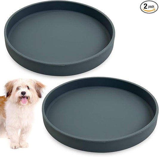 Silicone Dog Bowl Shallow Cat Food Bowls 7in Flat Puppy Plates Cute Whisker Fatigue Pet Feeding Dishes Set of 2 for Dry and Wet Food Indoor (Round Dark Grey)