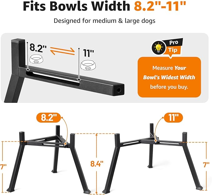 LOOBANI Elevated Dog Bowl Stand: Adjustable Width Anti-Slip Raised Dog Bowl Stand Feeder for Adult, Seniors, Older, Arthritis Dogs, Fits for Bowls Width 8.2"-11" (Without Bowls) Black Large 2 Pack