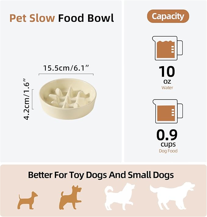 Havniva Ceramic 0.9 Cup Dog Bowl Slow Feeder, 6.1inch Slow Pet Food Dish for Small Dog and Cat, Stop Bloat, Preventing Choking(Single Bowl, Light Yellow)