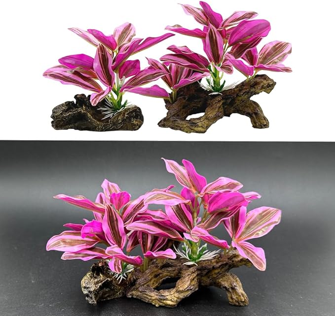 Fish Tank Decorations Aquarium Decor Ornaments Betta Pink Leaf pad Hammock Artifical Driftwood Goldfish Bowl Accessories (Hot Pink Set)