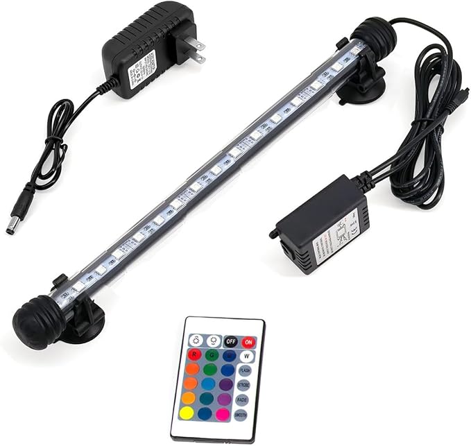 11inch RGB Aquarium Lights, Underwater Fish Tank Lights IP68 Waterproof Color Changing Adjustable Memory Submersible Remote Control Aquarium Tank Sucker Hood Strip Lamp Waterfall Lights