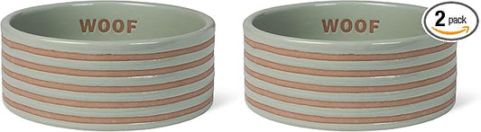 Fringe Studio Stripe SAGE Medium Striped Wax Resist Ceramic Pet Bowl (6.5" Diameter x 2.5" H, 26 fl.oz.), PetShop Collection (758MD001) (Pack of 2)