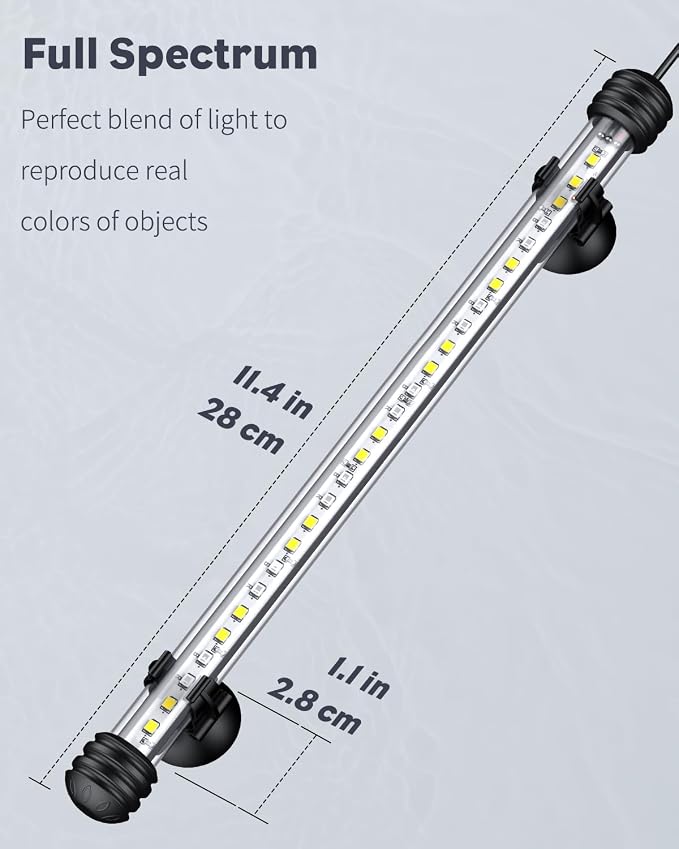 Pawfly 5 W Aquarium LED Light 11 Inch Underwater Fish Tank Light with Full Spectrum IP68 Waterproof White Blue Red Lights with Daytime & Night Mode Timer Auto On/Off and Adjustable Brightness