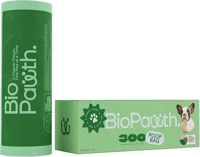 Dog Poop Bags, USDA Certified Biobased Product (42%), Extra Thick & Leak-Proof, Unscented, Single Roll Pet Waste Bag for Dogs & Cats, 300 Count