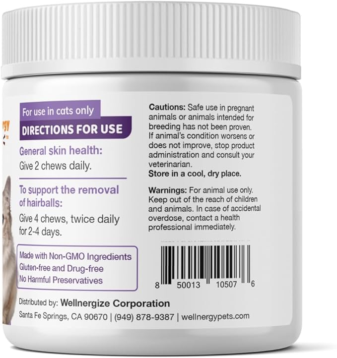 Natural Hairball Control Chews for Cats – Hairball Remedy & Aid with Omega 3 6 Fatty Acids, Zinc, Biotin, Cranberry, and Fiber. Promotes Skin & Coat, Digestive, Urinary Health. 30ct
