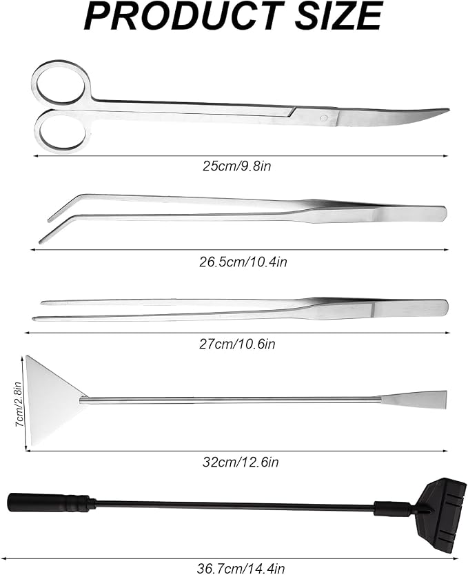 7 Pcs Aquarium Aquascape Tools Kit, Stainless Steel Aquatic Plant Aquascaping Set with Straight/Curved Long Tweezers Scissors Spatula Algae Scraper & 2 Replacement Heads Fish Tank Cleaning Kit