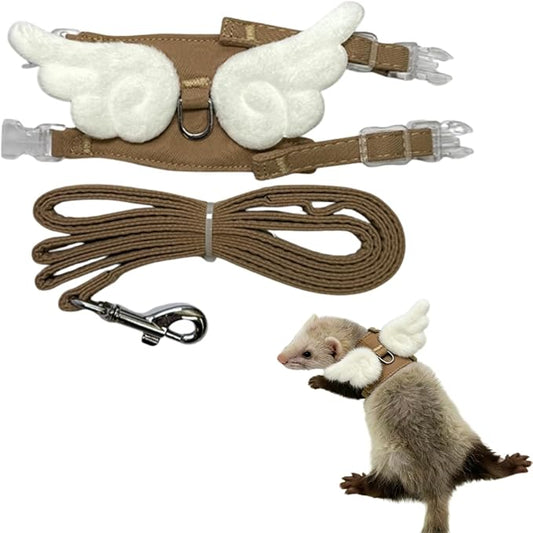 Ferret Harness and Leash with Adjustable Buckle for Small Pets, Soft Breathable Walking Vest with Angel Wings for Guinea Pig, Bunny, Rabbit, Kitten, Chinchilla (Coffee)