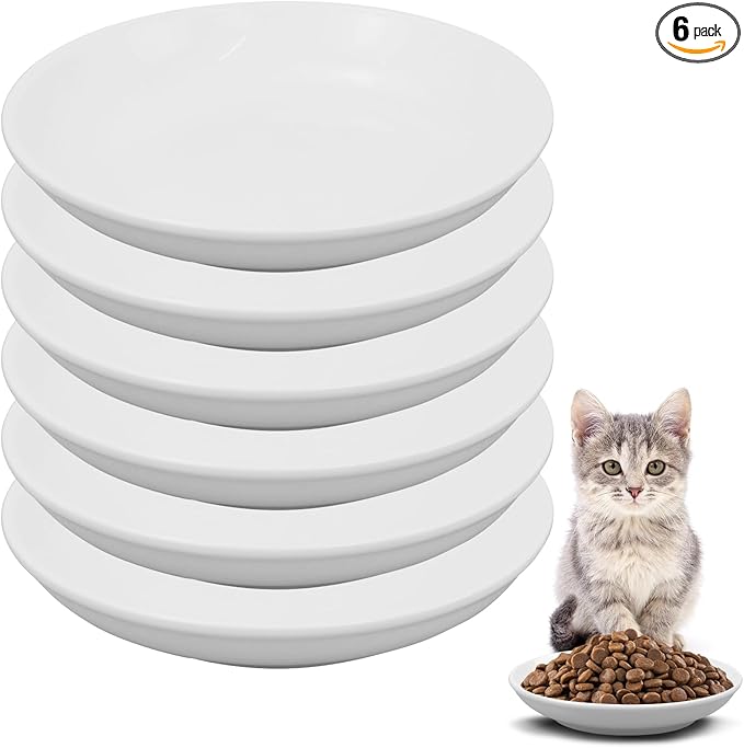 6 Pack Cat Food Bowl, Ceramic Cat Bowls, Anti Whisker Fatigue Cats Bowl Set,5.5 Inches Shallow Wide Kitten Plates for Food and Water (White-C)