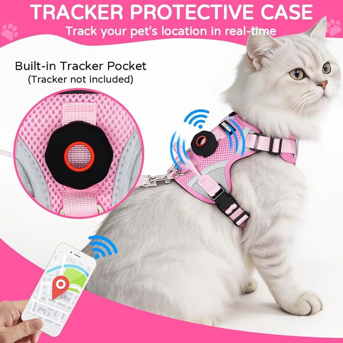 Cat Harness and Leash Set with Holder Compatible with AirTag, Escape Proof Kitten Harness with Lead for Small Cats, Soft Mesh Puppy Jacket Vest for Outdoor Walking, Reflective & Adjustable, Pink, S