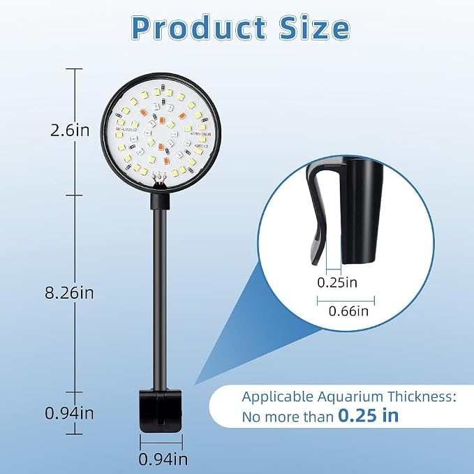 Clip on Aquarium Light Mini Fish Tank Light Timing USB Moving Lamp with Dimmable 3 Modes for 1 to 5 Gallon Nano Tanks