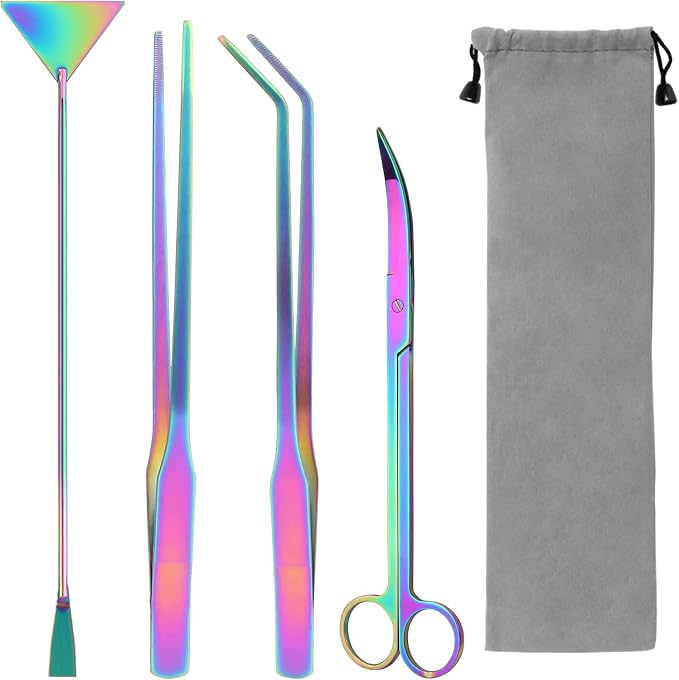 15" Aquarium Aquascape Tools Kit 4P Stainless Steel Aquascaping Set | 4in1 Extra Long Full Metal Design, Scissors, 2P Tweezers And Sand Spatula, For Trimming Plants, Arranging Sand And Aquascape