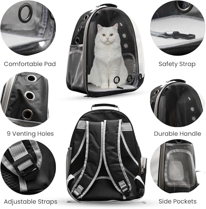 Cat Backpack Carrier for Travel Transparent Pet Carrier Backpack with Ventilation Padded Straps Lightweight Design for Cats up to 20lbs Hiking Outdoor Airline Approved