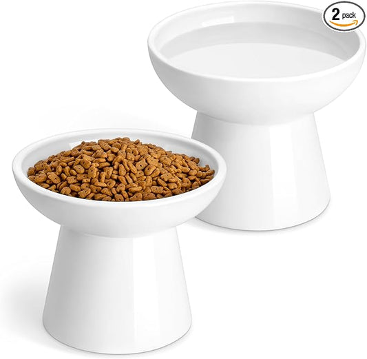 vancasso Elevated Cat Bowls 2-Pack, Ceramic Raised Cat Food and Water Dishes with 5.1" Height & 6.2" Wide Opening - Anti Vomit, Whisker Fatigue Relief for Senior Cats, and Small Dogs (White)