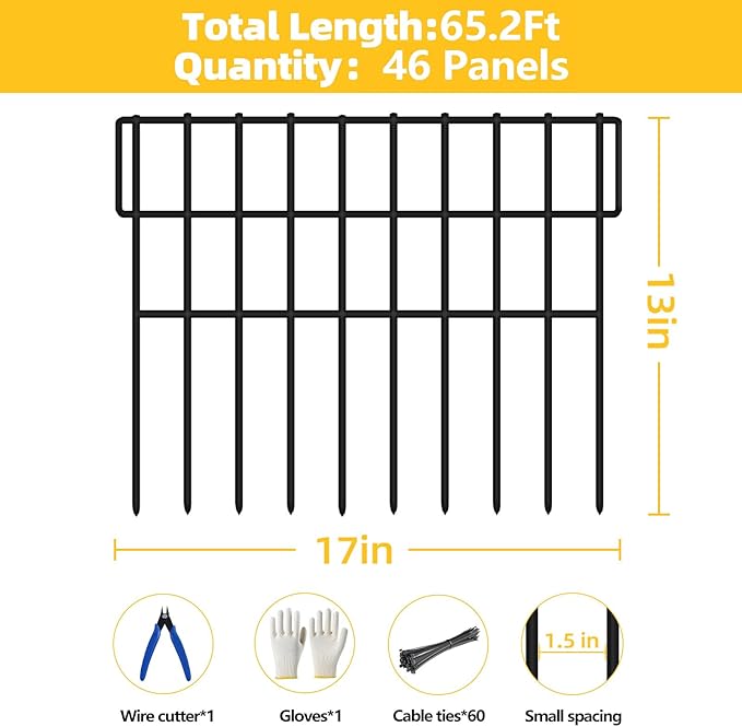 ULIOK 46 Panels Animal Barrier Fence, Garden Fence Animal Barrier, No Dig Fencing, 65.2ft(L) x 13in(H) Dog Fencing Rabbit Fences, 1.5in Spike Spacing Rustproof Metal Fences Border for Outdoor Yard