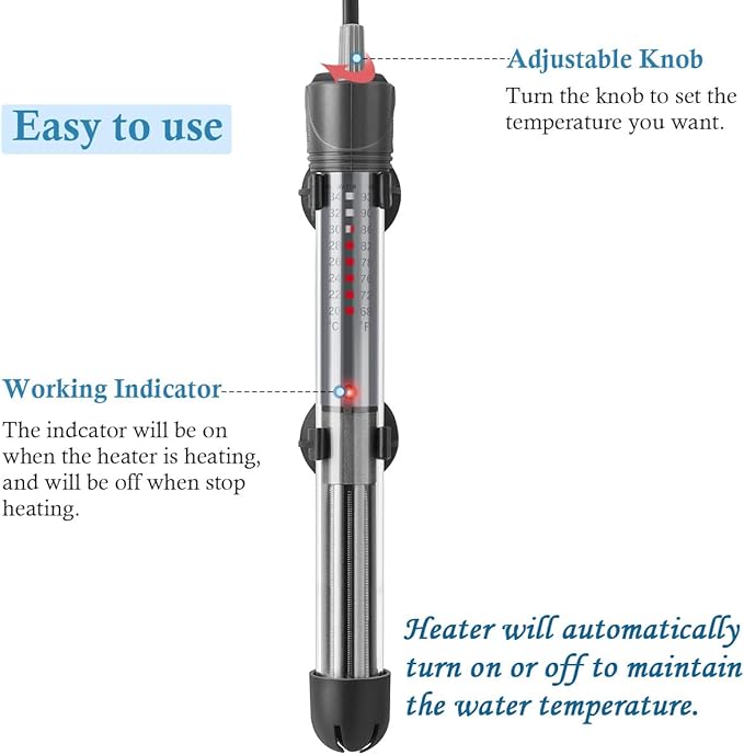HITOP 100W Adjustable Aquarium Heater, Submersible Fish Tank Heater Thermostat with Suction Cups for 10-30Gal