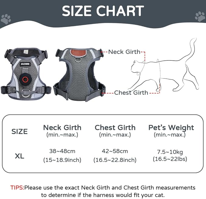 Large Cat Harness and Leash Set with Holder Compatible with AirTag, Upgraded Escape Proof Vest for Extra Large Cats Small Dogs Puppy, Mesh Outdoor Walking Jacket, Reflective Adjustable, Grey XL