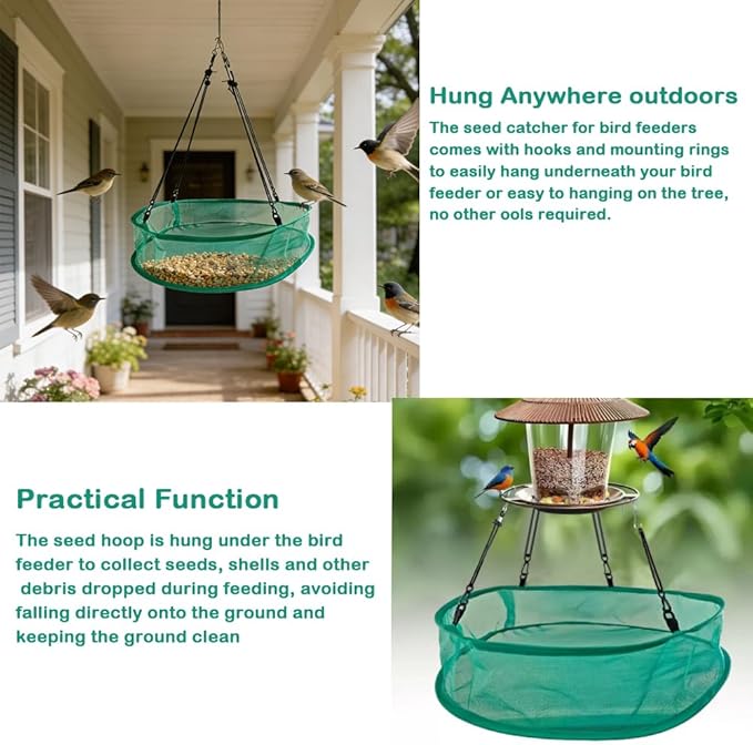 Seed Catcher for Bird Feeders, 20'' Bird Feeders for Outdoors Hanging, Birds Feeder Seed Catcher Tray with Adjustable Hanging Hoop for Outdoor Garden Accessories