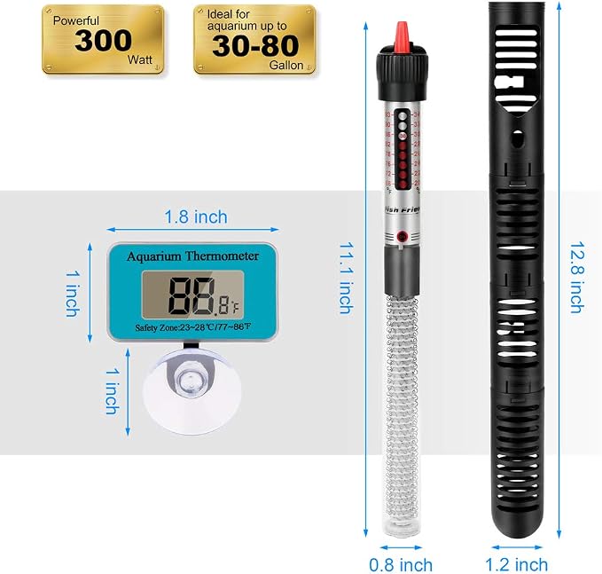 Kinbo Aquarium Heater 300 Watt Submersible Fish Tank Heater Adjustable Temperature with Diving Thermometer and Protective Case Suction Cup