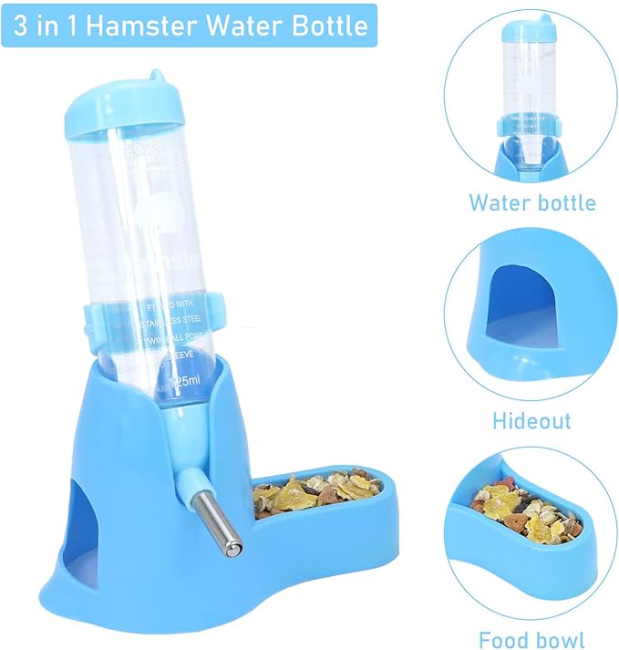 3 in 1 Hamster Hanging Water Bottle Pet Auto Dispenser with Base for Dwarf Hamster Mouse Rat Hedgehog (125ML, Blue)