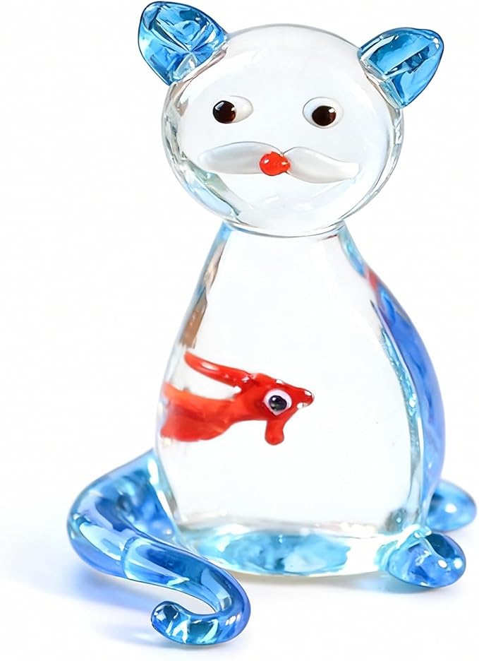 Hand Blown Glass Cat Figurine with Goldfish Inside, Mini Art Glass Cat Statue Ornament, Cute Handmade Crystal Animal Collectible Figurines for Home Desktop Decor, Birthday Gift for Cat Lovers (Cat)