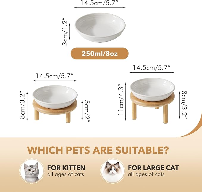 Havniva Elevated Cat Bowls Raised Ceramic Cat Bowl, 5.7” Wide Opening Cat Food Bowl Whisker Friendly Cat Dish Anti-Slip with Bamboo Stand, Shallow Pet Food & Water Bowl for Indoor Cats