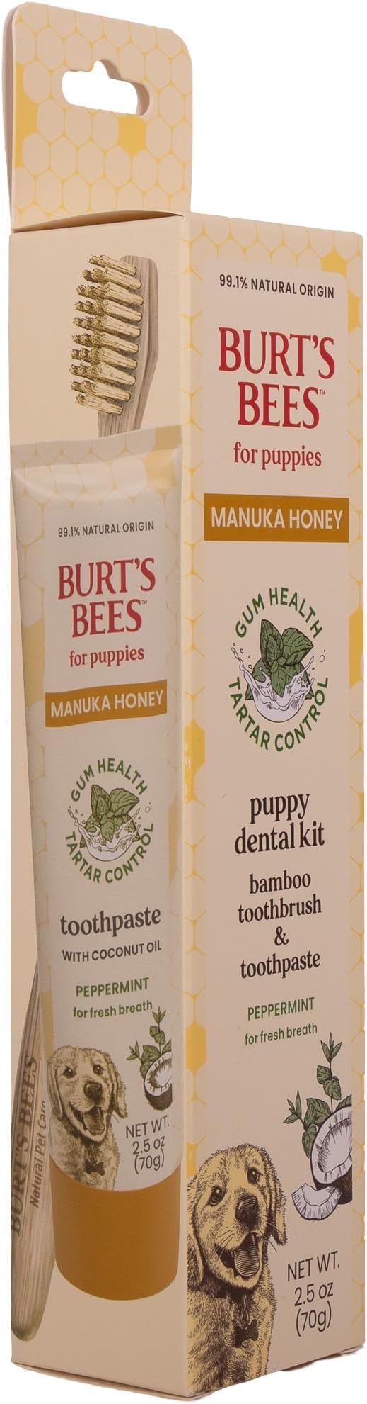 Burt's Bees for Pets Peppermint Puppy Dental Kit with Bamboo Toothbrush & Puppy Toothpaste, Manuka Honey & Coconut Oil for Gum Health, Tartar Control, 99.1% Natural Origin Formula, 2.5 Oz