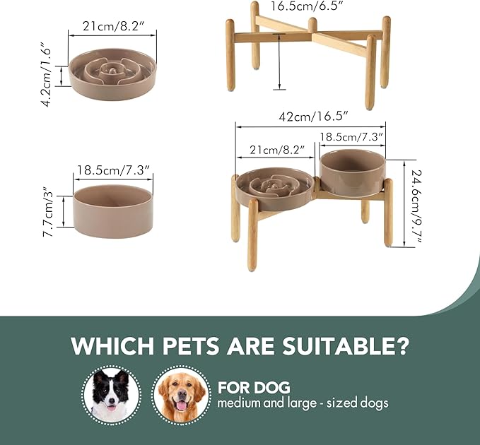 Havniva Ceramic Raised Slow Feeder Dog Bowl Set, Elevated 7.3inch Bowl and 8.2inch Puzzle Slow Dish with Wooden Stand for Medium and Large Dog, Anti-Gulping (2X Brown Coffee+ Stand)