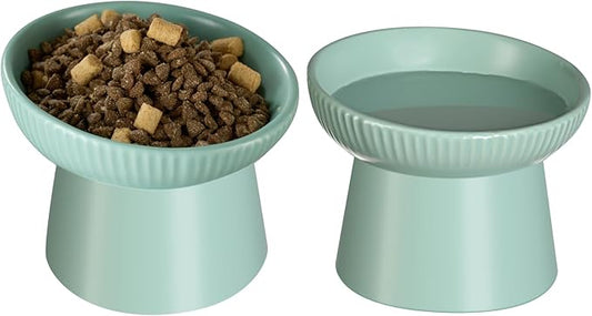 Ceramic Elevated Cat Bowls-Water Bowl, 15° Tilted Design, Anti-Vomiting & Spine Protection, Prevent Whisker Fatigue for Kittens to Adult Cats and Small Dogs (Green-15° Cat Bowls-2)