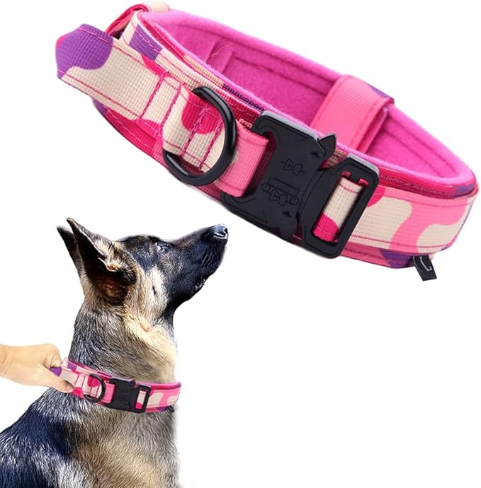 Xqpetlihai Tactical Dog Collar Adjustable Military Nylon Dog Collar with Control Handle and Heavy Duty Metal Buckle for Medium and Large Dogs (Pink Camo,XL)