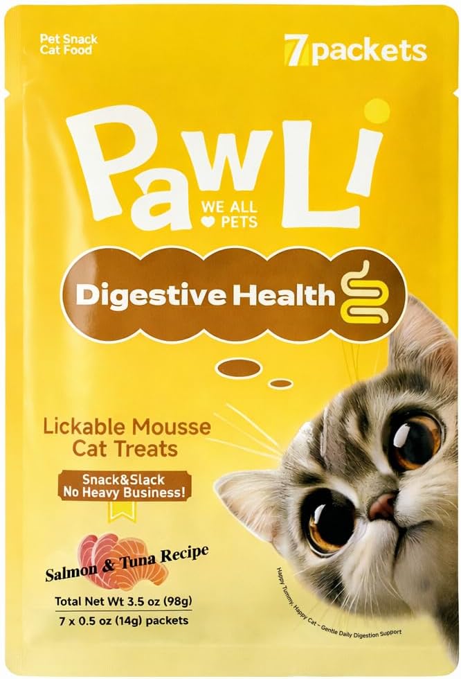 PAWLI Digestive Health Lickable Cat Treats, Squeeze Cat Treats for Sensitive Stomach & Gut Health, Cat Treats for Digestion Support, Grain-Free, 7 Count (3.5 oz Total)